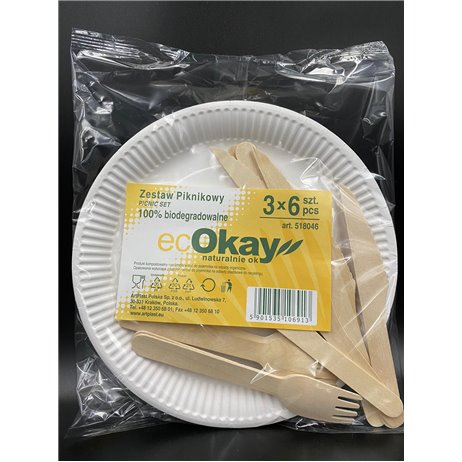 6 set engångstallrikar 23 cm med träbestick - Bio 6 set engångstallrikar 23 cm med träbestick - Bio