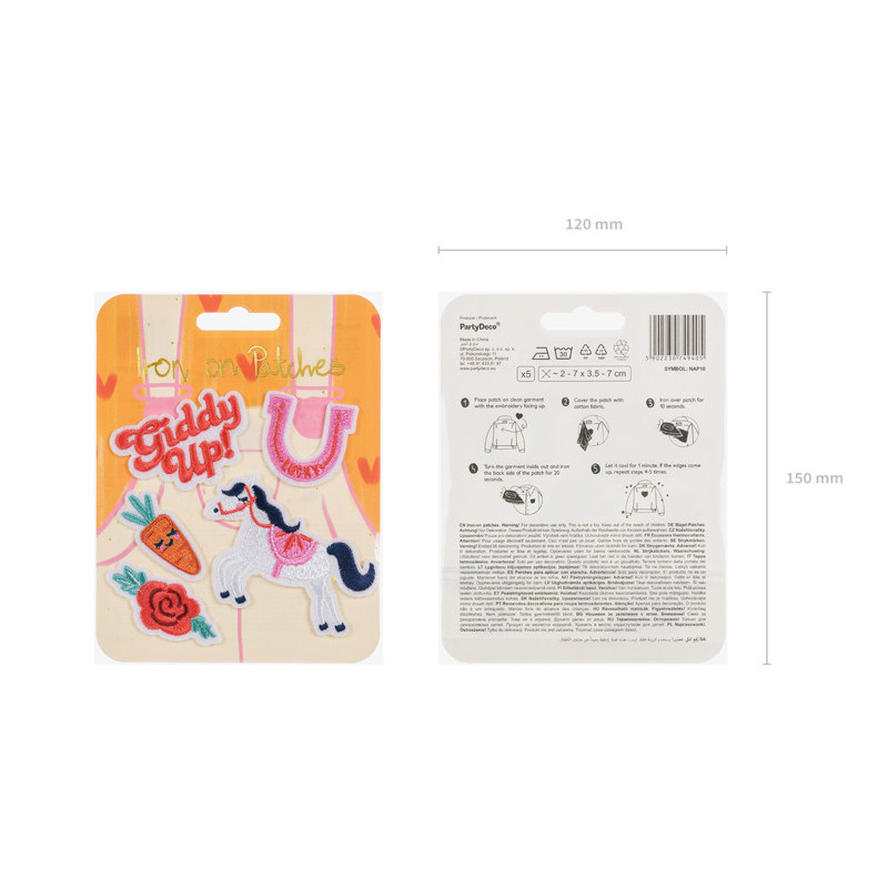 5 st. F&auml;rgglada strykm&auml;rken i mixat design 'Giddy Up', 2-7x3.5-7 cm
