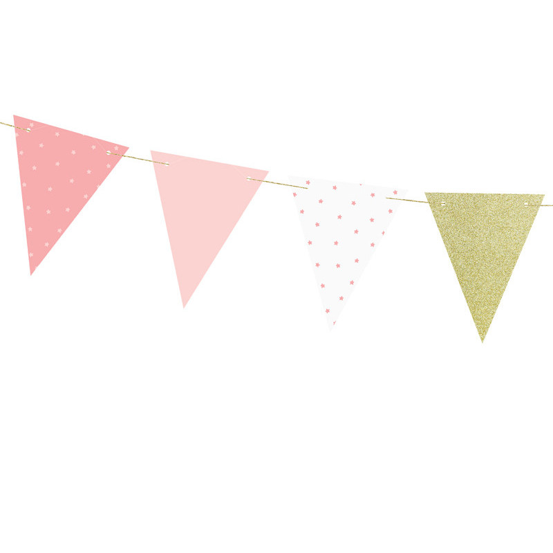 Vimpelgirlang rosa, vit & guld i papper 2 m