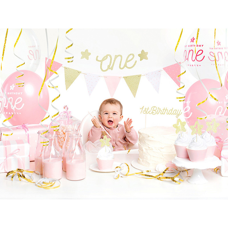 Vimpelgirlang rosa, vit & guld i papper 2 m