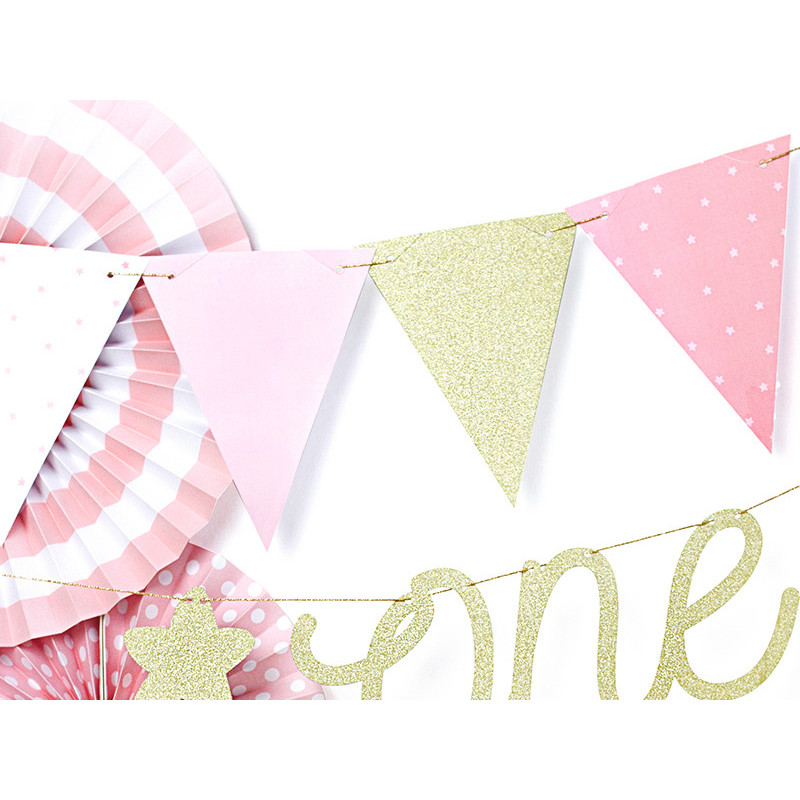 Vimpelgirlang rosa, vit & guld i papper 2 m