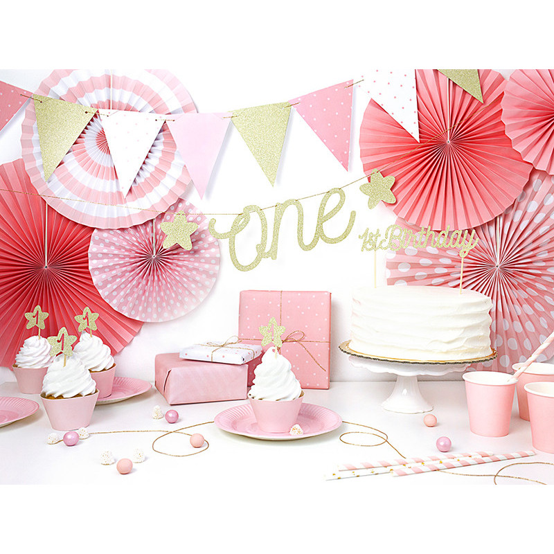 Vimpelgirlang rosa, vit & guld i papper 2 m