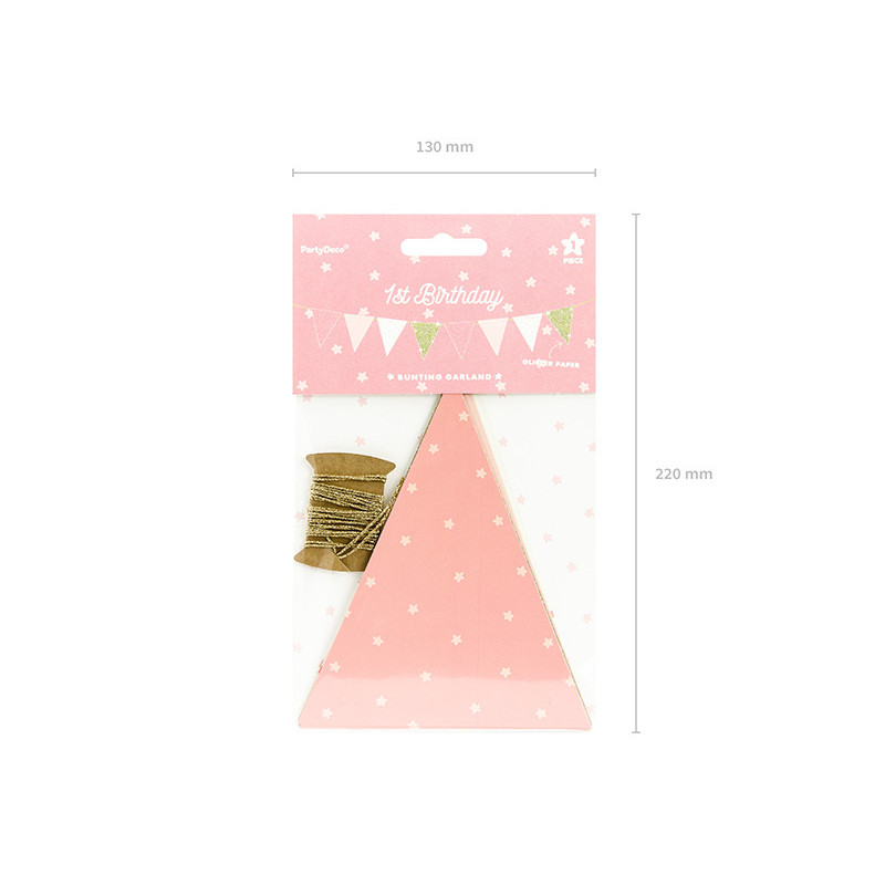 Vimpelgirlang rosa, vit & guld i papper 2 m
