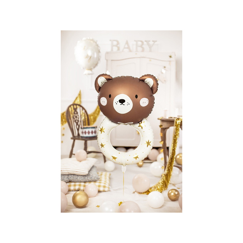 1 st. Färgglad folieballong nalle skallra, 61x88 cm för dop, födelsedag eller baby shower