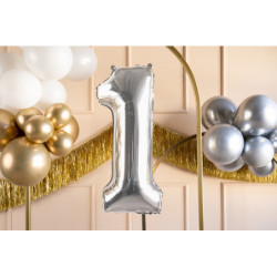 1 st. Metallisk folieballong siffra "1" silver 72 cm inkl. sugrör för luft och helium