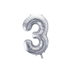 1 st. folieballong siffran "3" silverfärgad, 72 cm efter uppblåsning, för luft och helium, inkl. sugrör