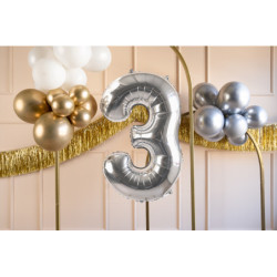 1 st. folieballong siffran "3" silverfärgad, 72 cm efter uppblåsning, för luft och helium, inkl. sugrör