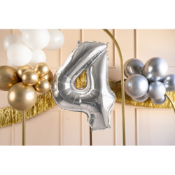 1 st. Silver metallic folieballong siffra "4", 72 cm, inkl. sugrör