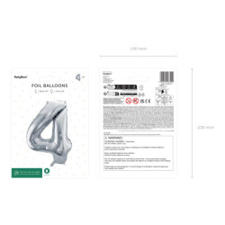 1 st. Silver metallic folieballong siffra "4", 72 cm, inkl. sugrör