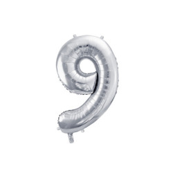 1 st. Metallic folieballong siffra "9" silver, 72 cm, inkl. sugrör för luft och helium