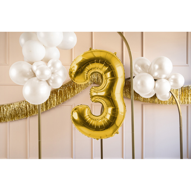1 st. Satin folieballong siffra "3" i ljusguld, 72 cm inkl. sugrör för luft och helium