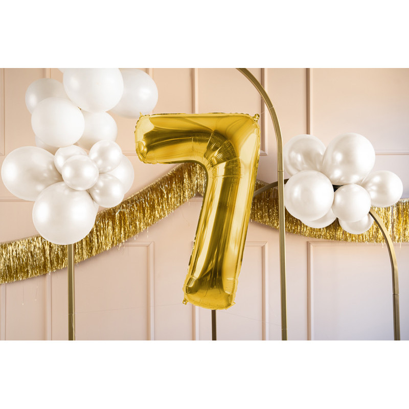 1 st. Satinfolieballong siffra "7" i ljus guld, 72 cm, för luft och helium, inkl. sugrör
