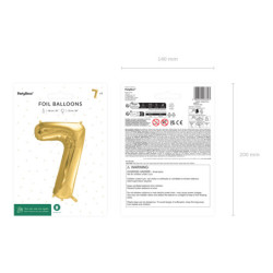 1 st. Satinfolieballong siffra "7" i ljus guld, 72 cm, för luft och helium, inkl. sugrör