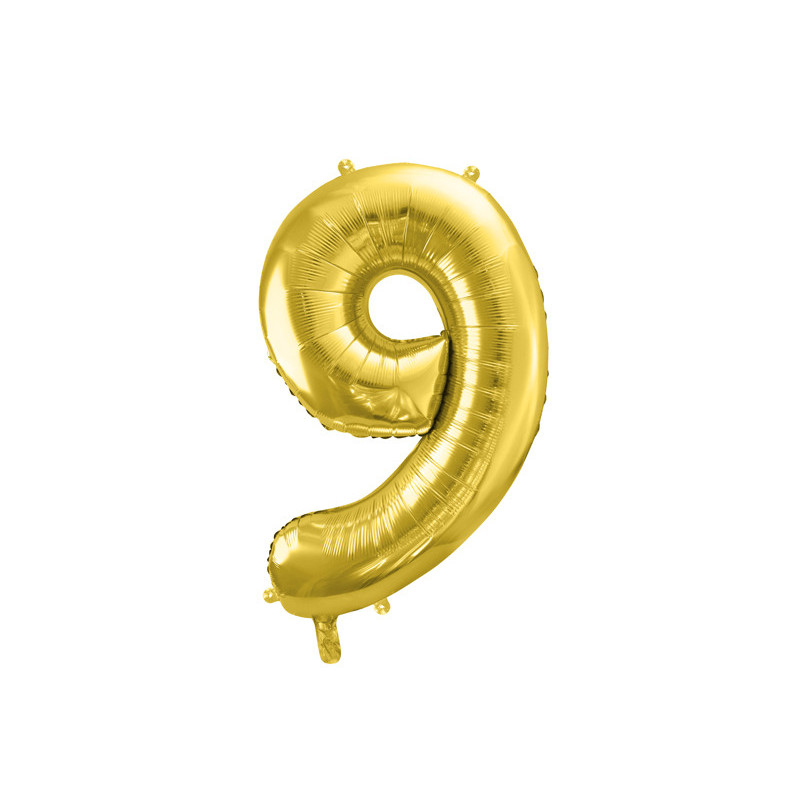 1 st Satin folieballong siffra "9" ljus guld, 72 cm inkl. sugrör för luft och helium