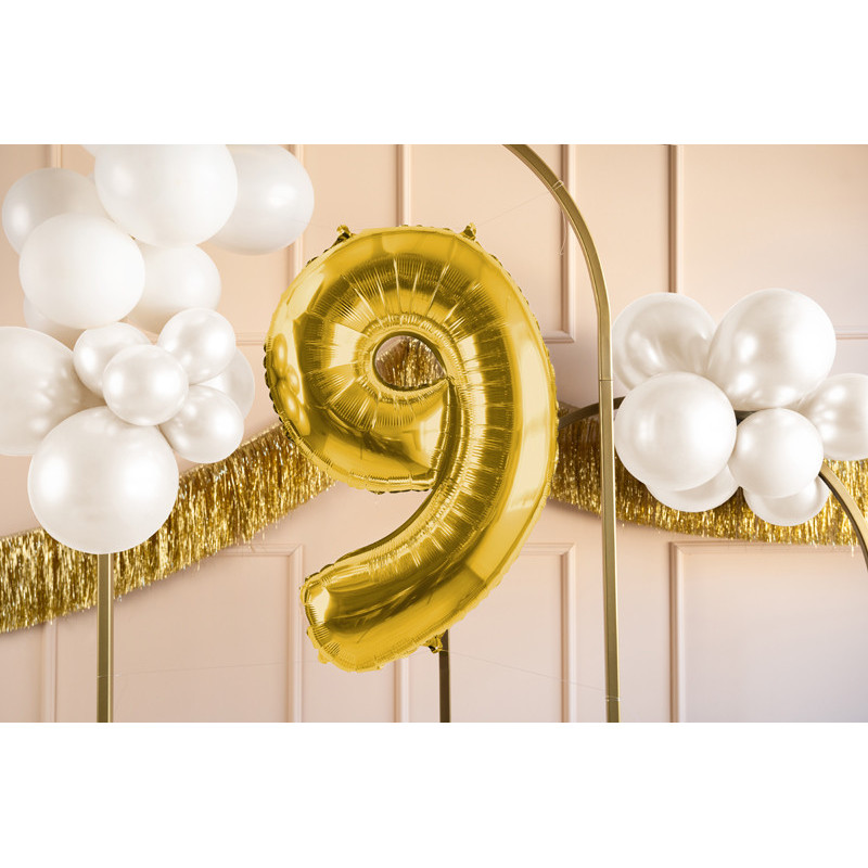 1 st Satin folieballong siffra "9" ljus guld, 72 cm inkl. sugrör för luft och helium