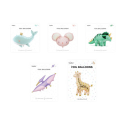 25 st folieballonger med djur: pterodactyl, triceratops, giraff, mus och val