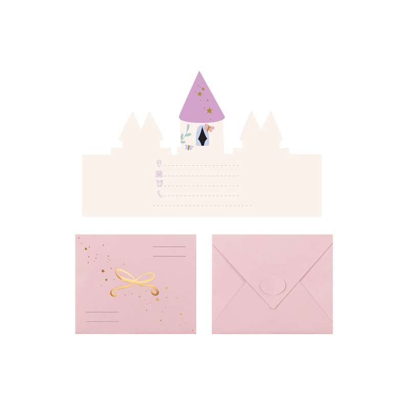 6 st. Inbjudningskort Castel, rosa färg med färgglatt tryck, 12,5x15,5 cm, inkl. kuvert