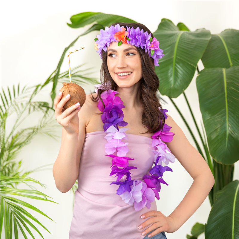 Hawaii Halsband Lila Vit och Grön Blomsterhalsband 45-50 cm Hawaii Halsband Lila Vit och Grön Blomsterhalsband 45-50 cm