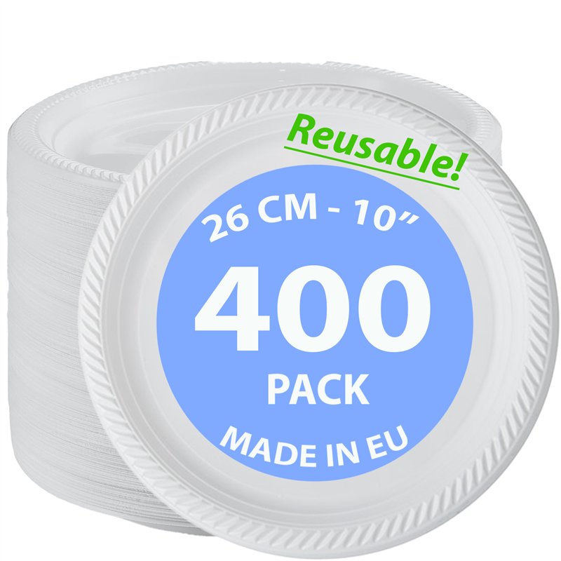 400 st. Återanvändbara Plasttallrikar Vit 26 cm – Perfekta för fest och picknick 400 st. Återanvändbara Plasttallrikar Vit 26 cm – Perfekta för fest och picknick
