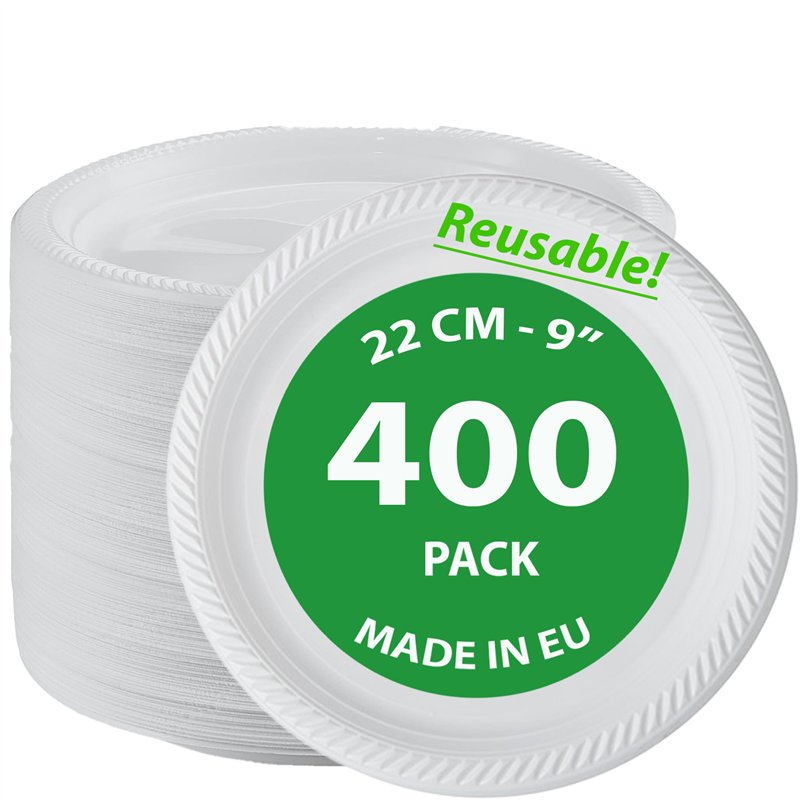 400 st. Återanvändbara Plasttallrikar Vit 22 cm – Perfekta för fest och dagligt bruk