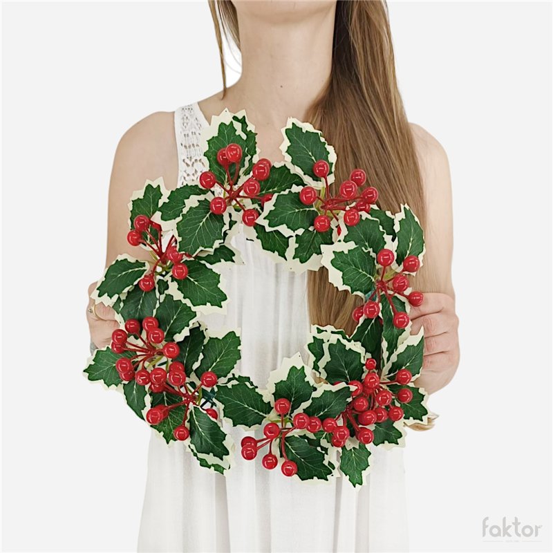 Konstgjord krans eukalyptus, r&ouml;da b&auml;r & ros&eacute;guld 14 cm &ndash; Allergiv&auml;nlig elegans f&ouml;r alla tillf&auml;llen.