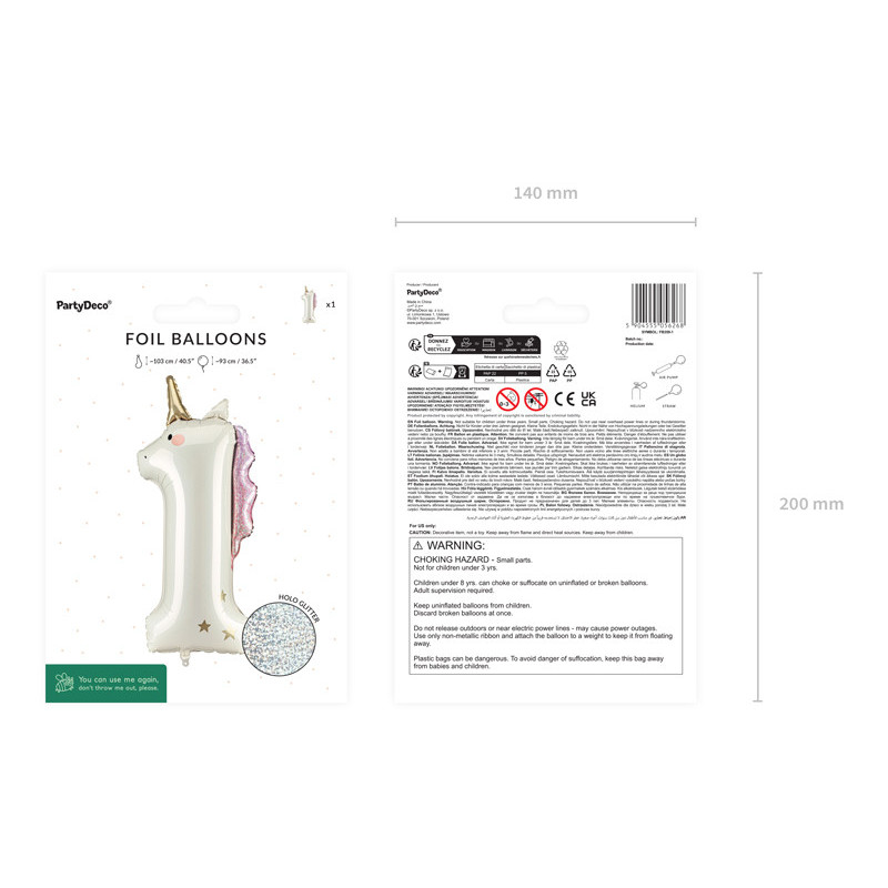 Foil balloon Number ''1'' Unicorn, 93cm, mix Foil balloon Number ''1'' Unicorn, 93cm, mix