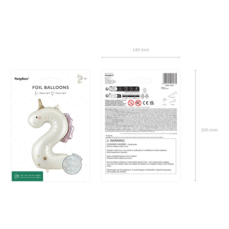 Foil balloon Number ''2'' Unicorn, 93cm, mix