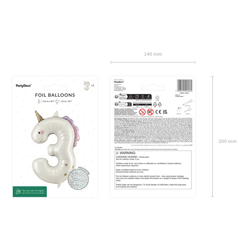 Foil balloon Number ''3'' Unicorn, 93cm, mix Foil balloon Number ''3'' Unicorn, 93cm, mix