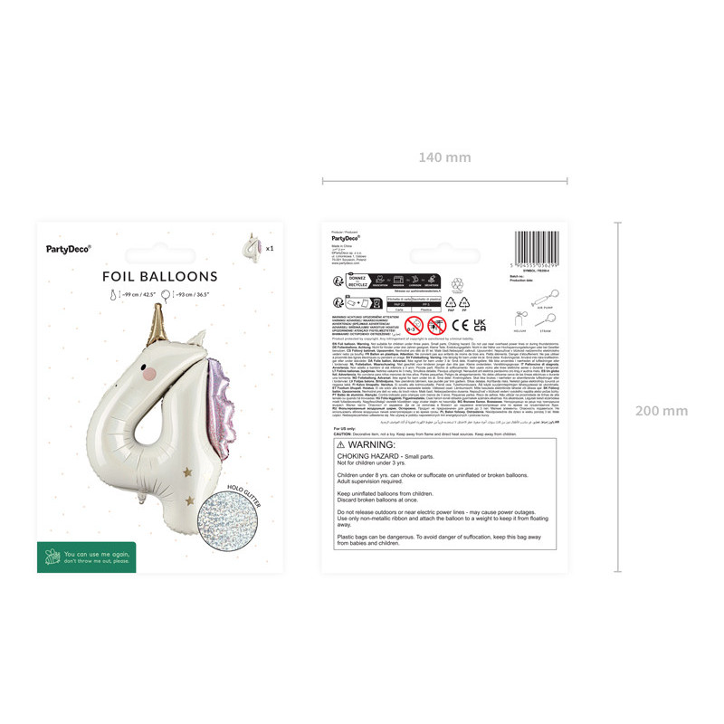 Foil balloon Number ''4'' Unicorn, 93cm, mix Foil balloon Number ''4'' Unicorn, 93cm, mix