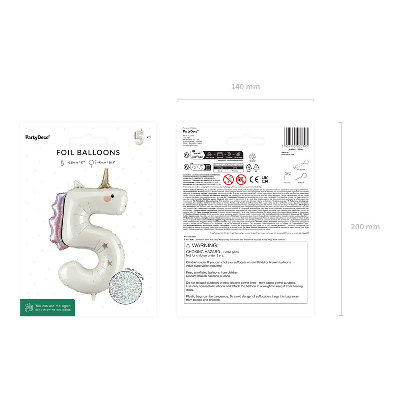 Foil balloon Number ''5'' Unicorn, 93cm, mix