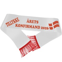 Ordensband Konfirmand 2025 Vit med rött tryck, 190 cm, fransar – Fira med stil!