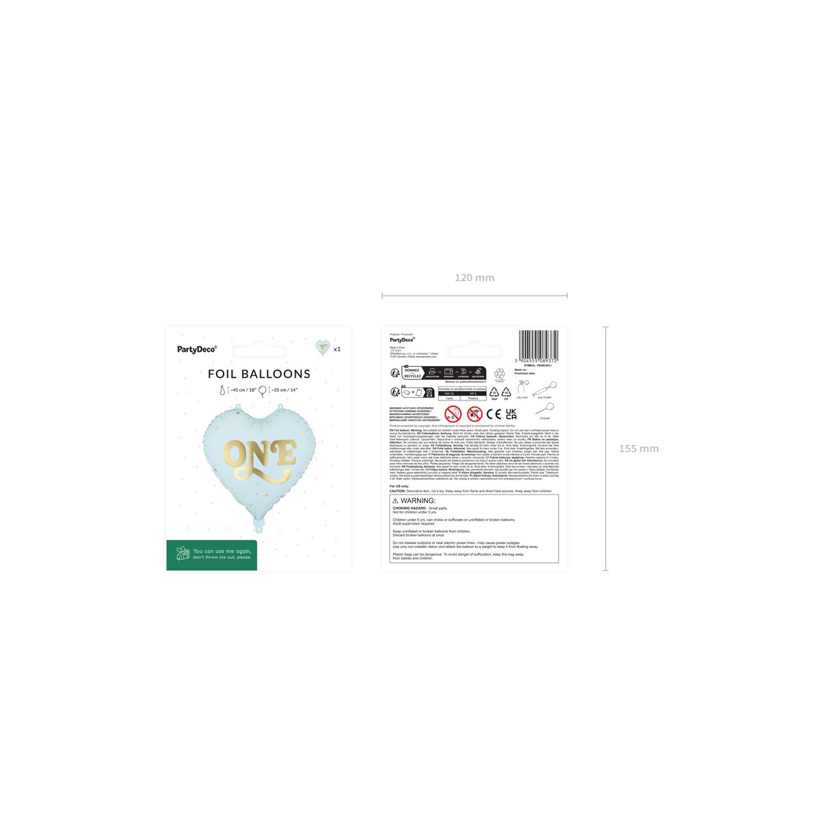 Foil balloon Heart ''One'', 45 cm, light blue Foil balloon Heart ''One'', 45 cm, light blue