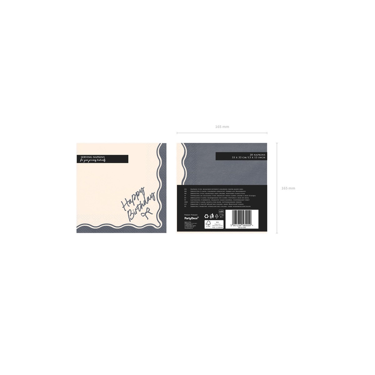 Napkins Happy Birthday Bow, 33x33 cm, beige-black (1 pkt / 12 pc.)