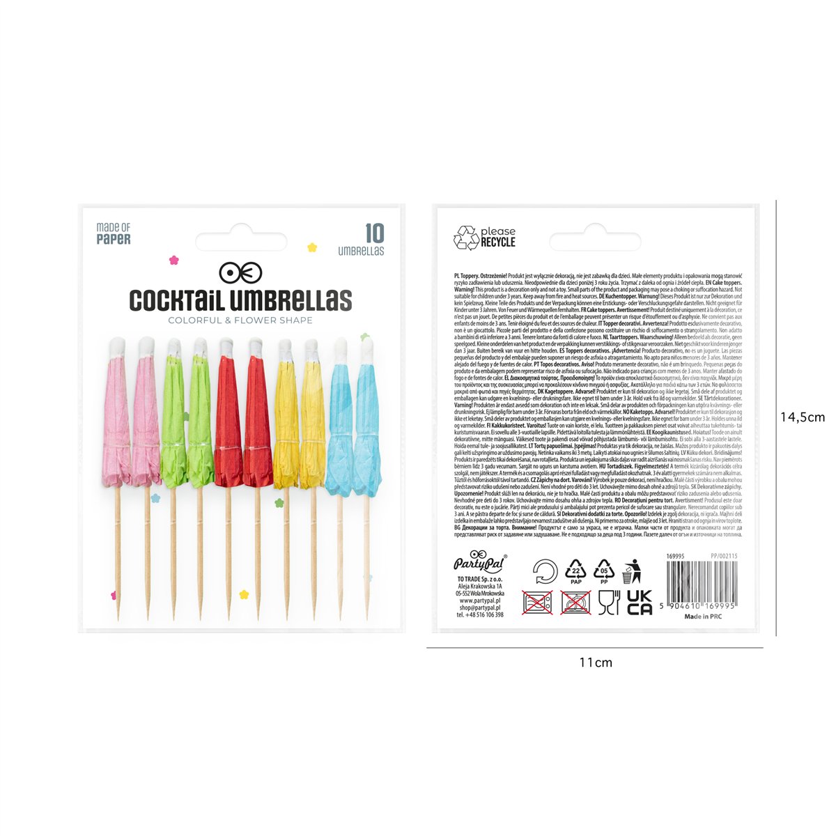 6 st Cocktailparaplyer f&auml;rgmix papper och tr&auml; 100 mm