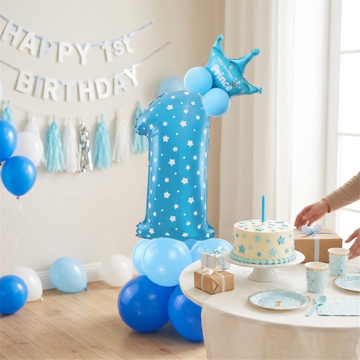 Ballongbukett 1-&aring;rsdag ljusbl&aring; metallic 51 delar