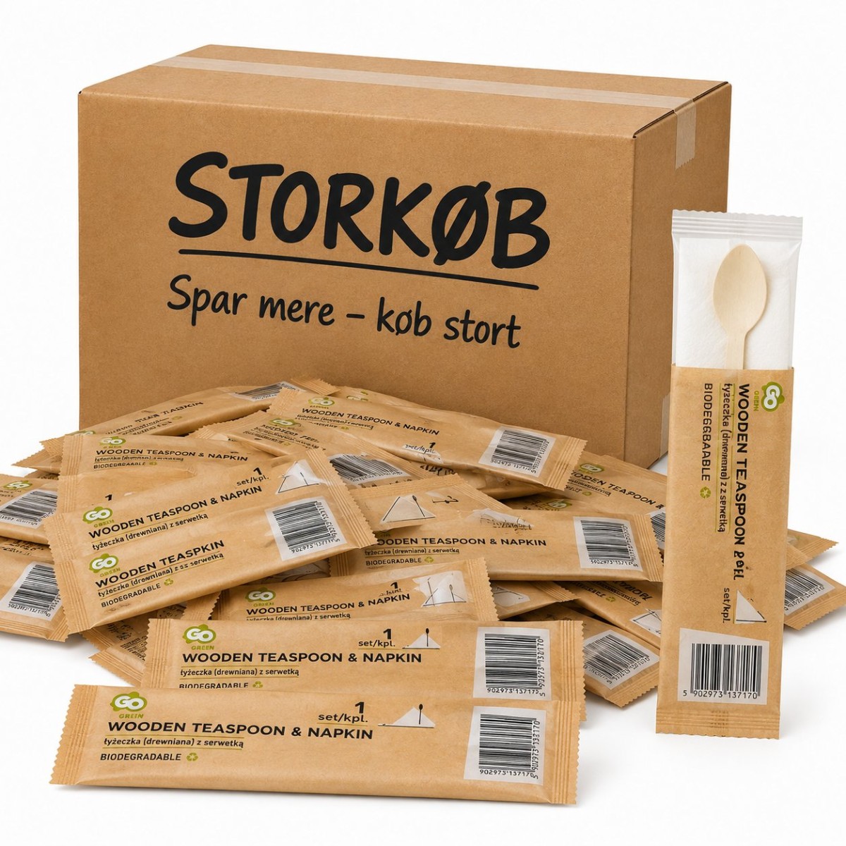 25 st Bestickset björkträ med servett, tesked & socker 25 st Bestickset björkträ med servett, tesked & socker