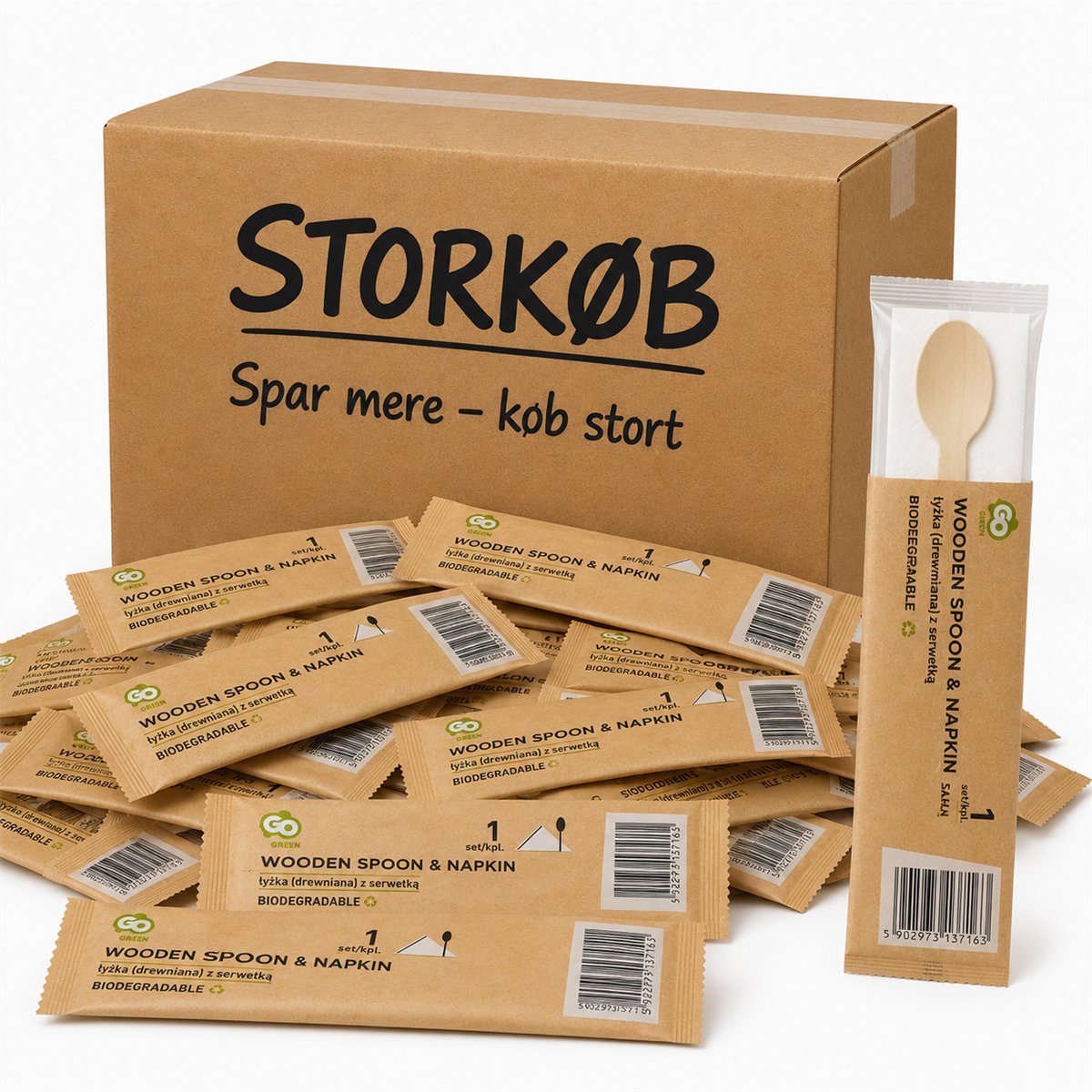 25 st Bestickset björkträ med servett, tesked & socker 25 st Bestickset björkträ med servett, tesked & socker