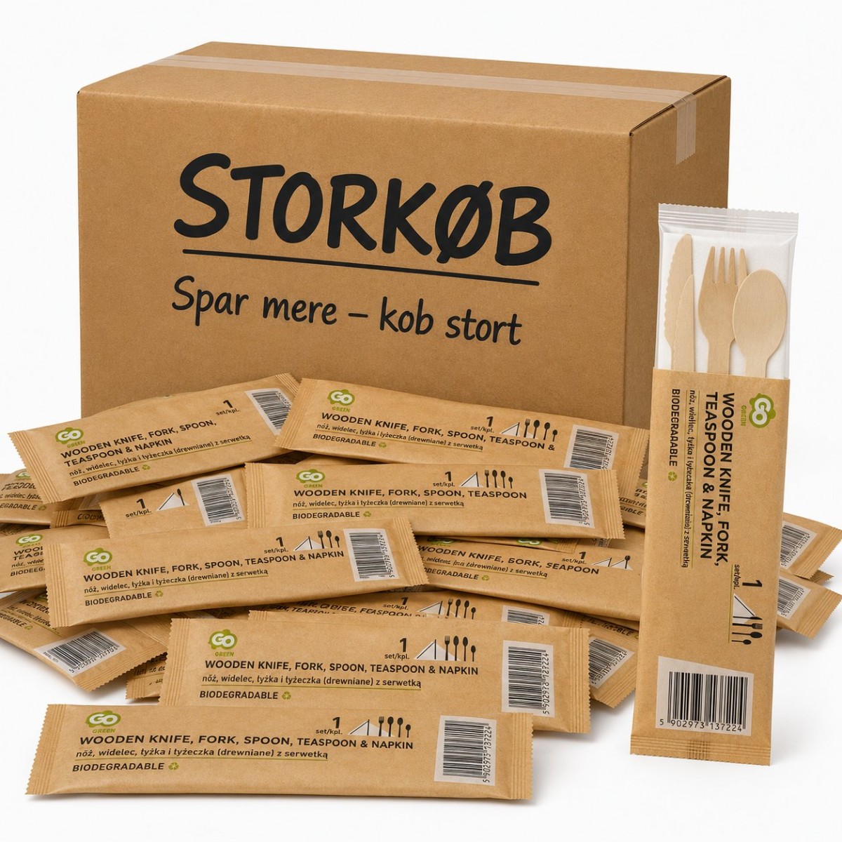 25 st Bestickset björkträ med servett, tesked & socker 25 st Bestickset björkträ med servett, tesked & socker
