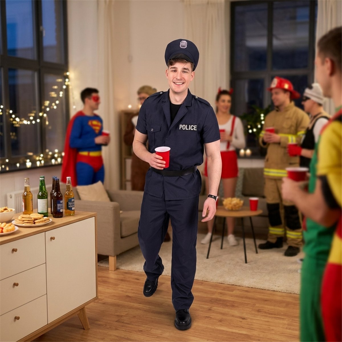 3 st Poliskostym Marinbl&aring; Uniform, Keps & B&auml;lte stl L