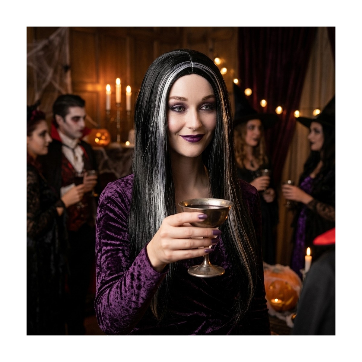 Peruk lång svart gotisk syntetiskt hår Morticia Peruk lång svart gotisk syntetiskt hår Morticia