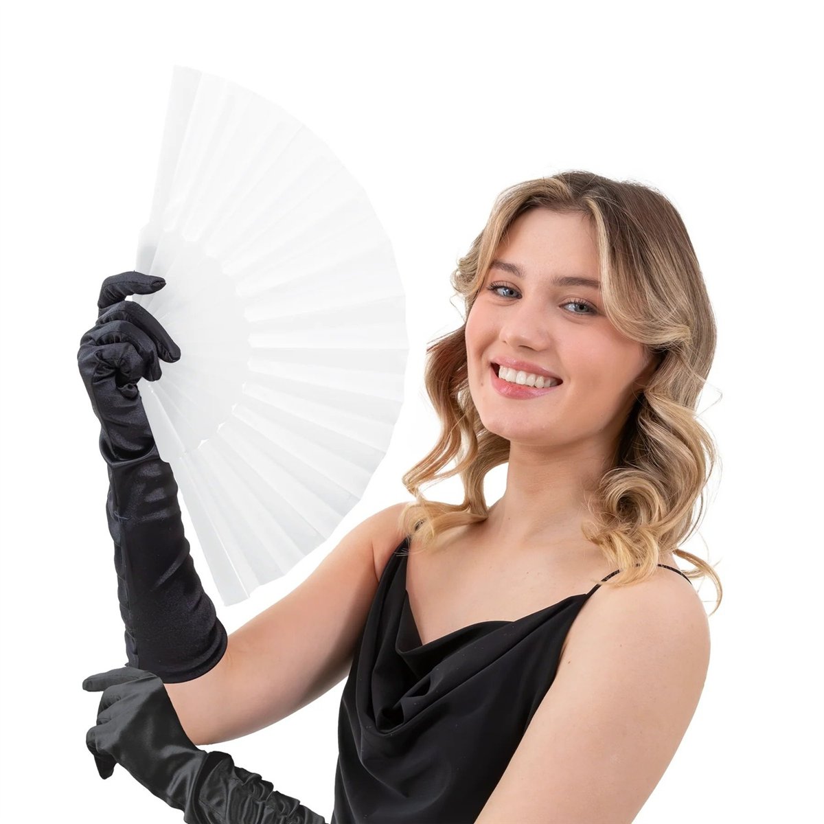 Handfläkt vit 23 cm, textil och plast Handfläkt vit 23 cm, textil och plast