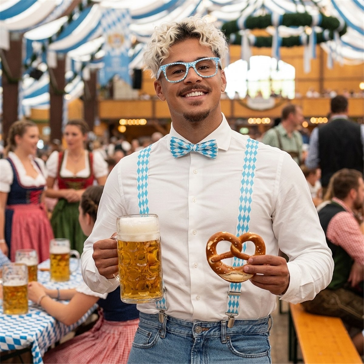 Oktoberfestset Glasögon, Fluga och Hängslen blå/vit Oktoberfestset Glasögon, Fluga och Hängslen blå/vit
